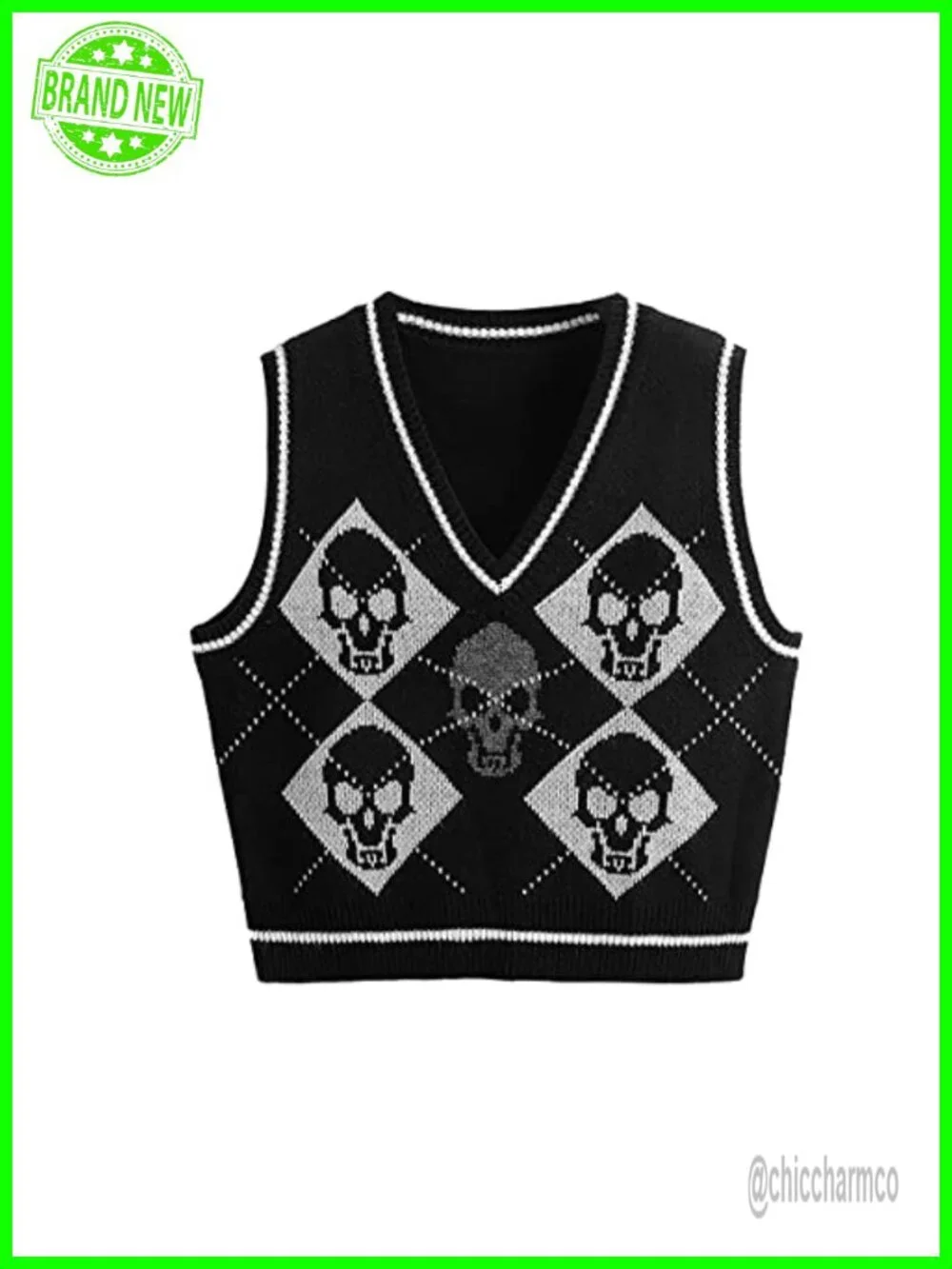 Sleeveless Skull Knit Sweater Vest V Neck Crop Pullover